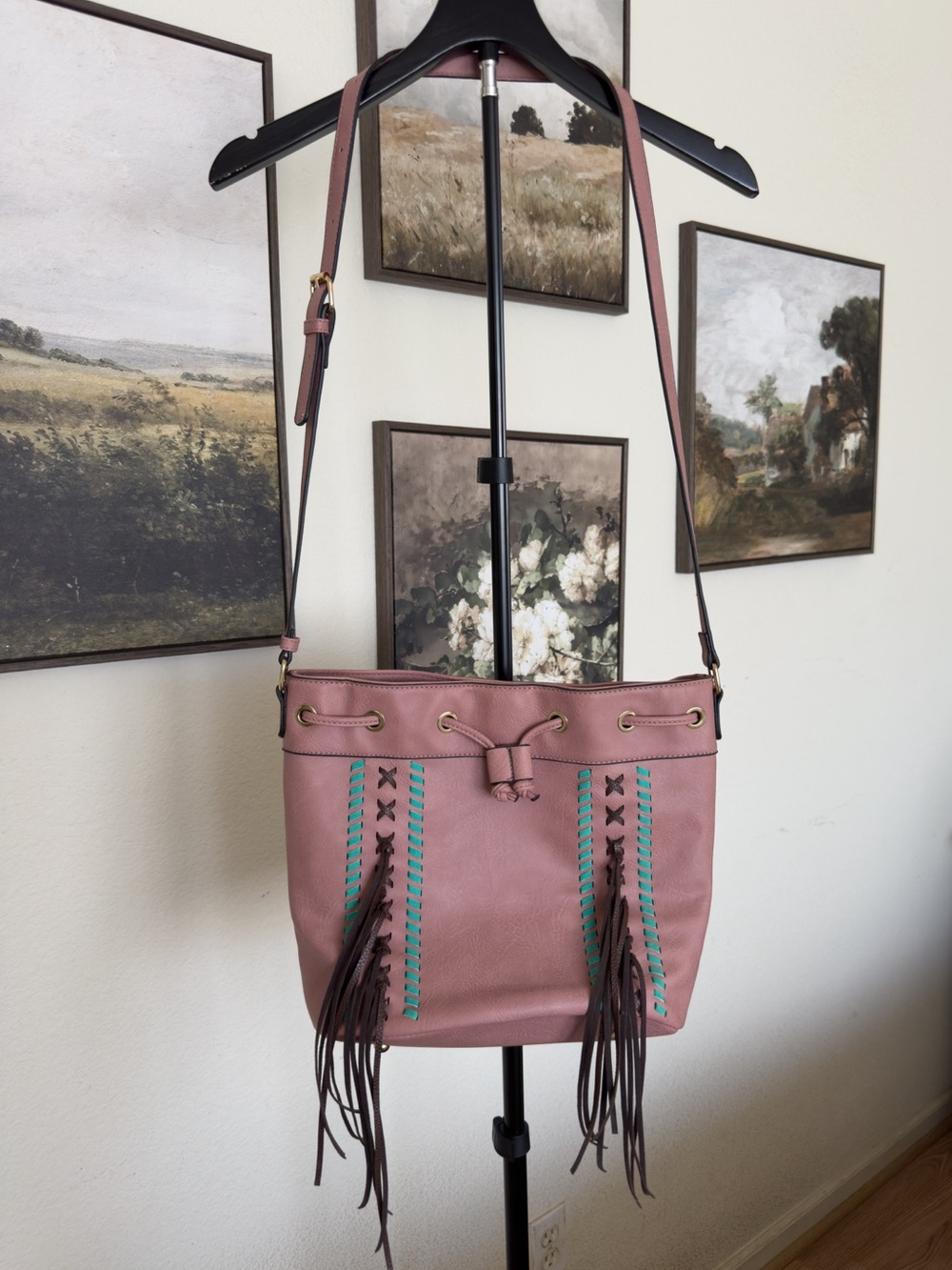 Dusty Rose Fringe Crossbody Bucket Bag